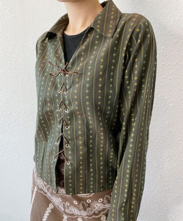 Green Patterned Lace Up Shirt #250410